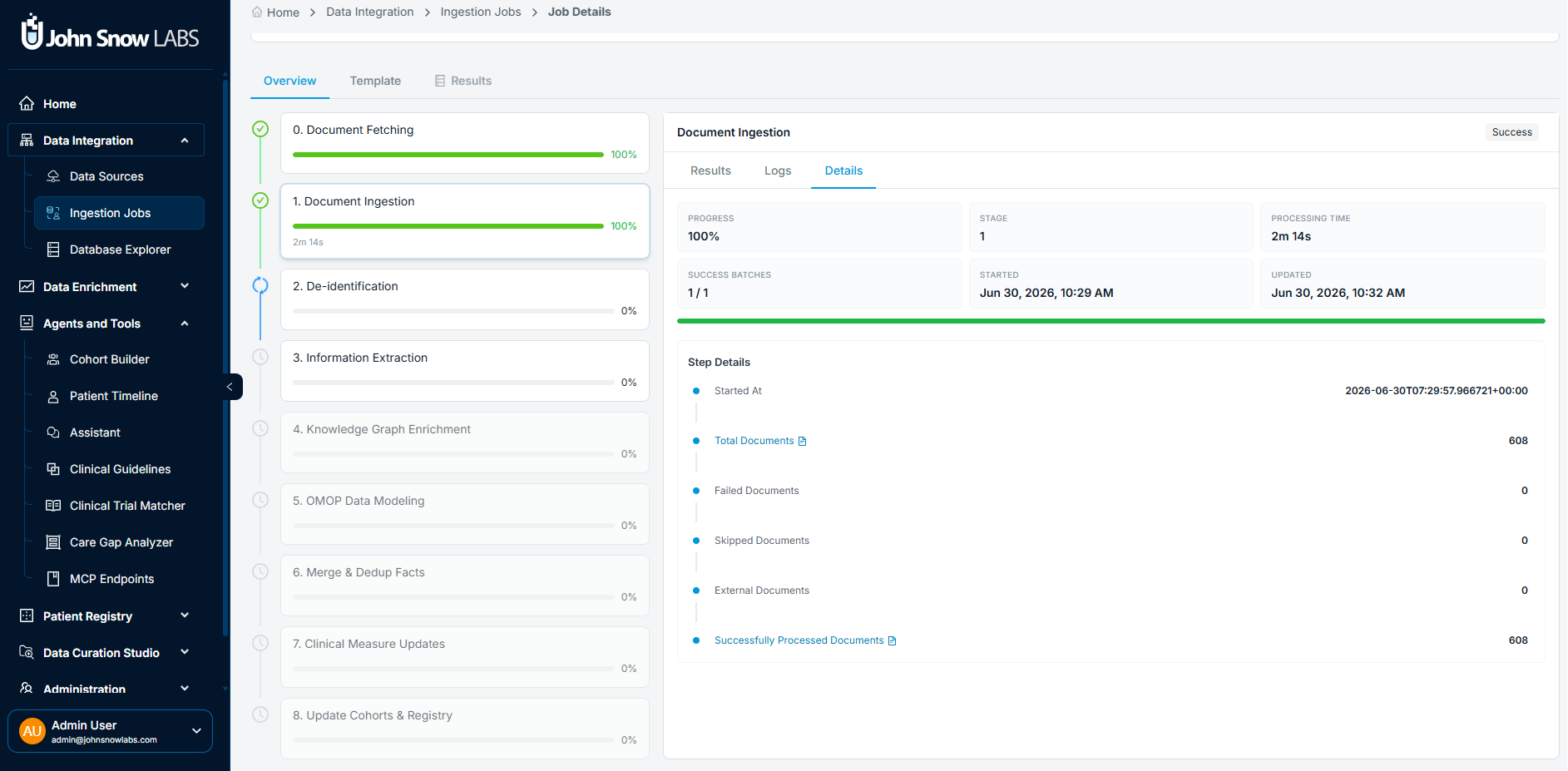 Detailed per step progress feedback with direct access to processing logs.
